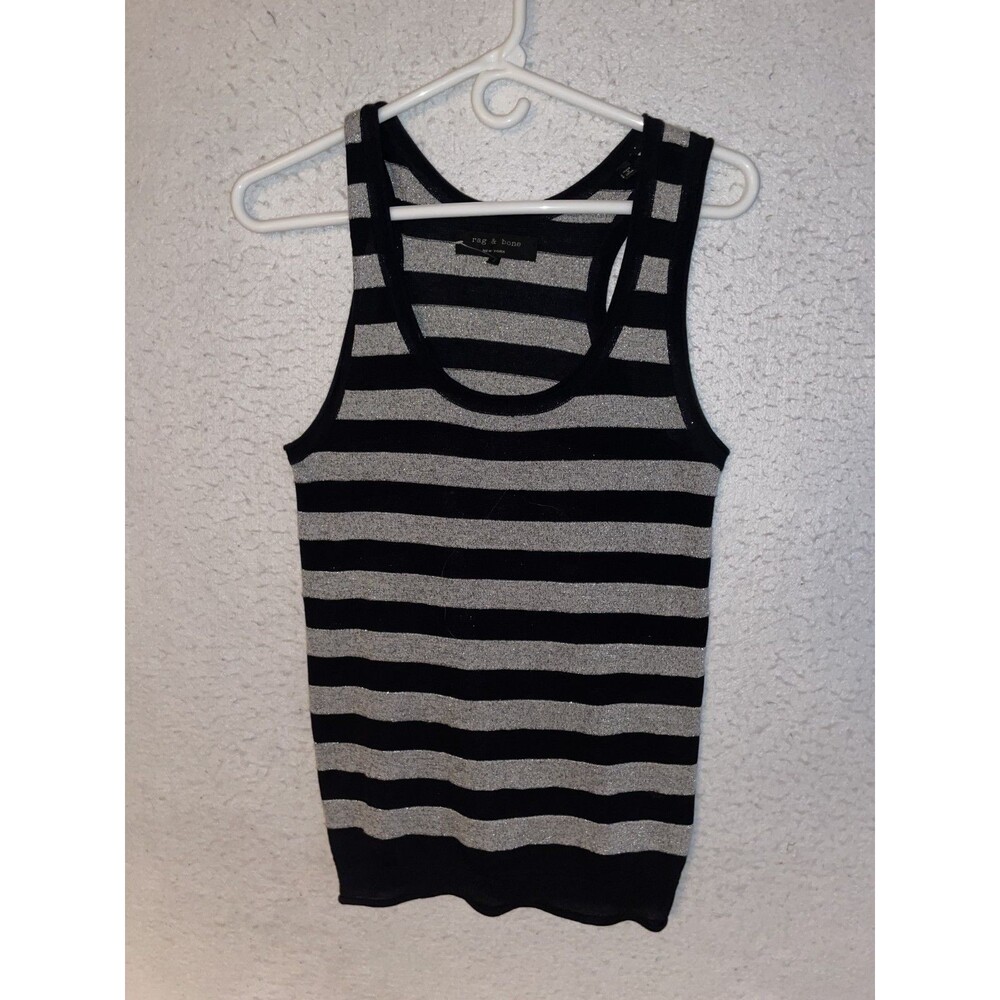 Rag & Bone Knit Tank Top Sleeveless Sweater size 4 Black Silver Striped cotton